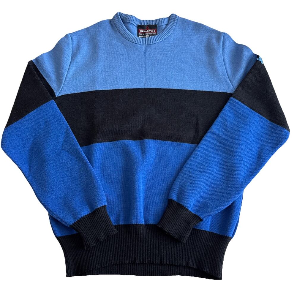 Vintage Demetre Blue Black Striped Wool Skiing Sweater Mens M